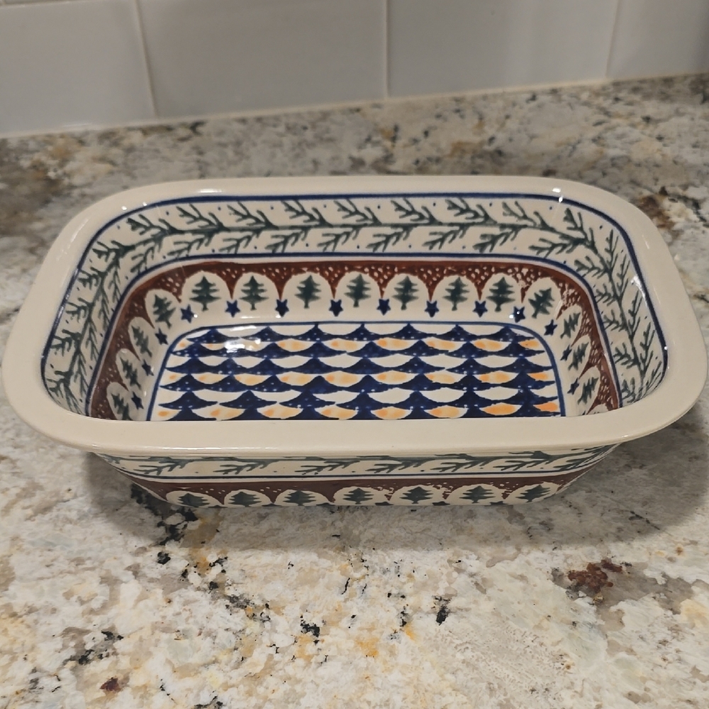 Blue Rose Polish Pottery "Evergreen" Loaf Baker Boleslawiec Collectors